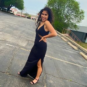 Spaghetti straps, V cut neck line, open back, slit on left side, mesh cut outs.